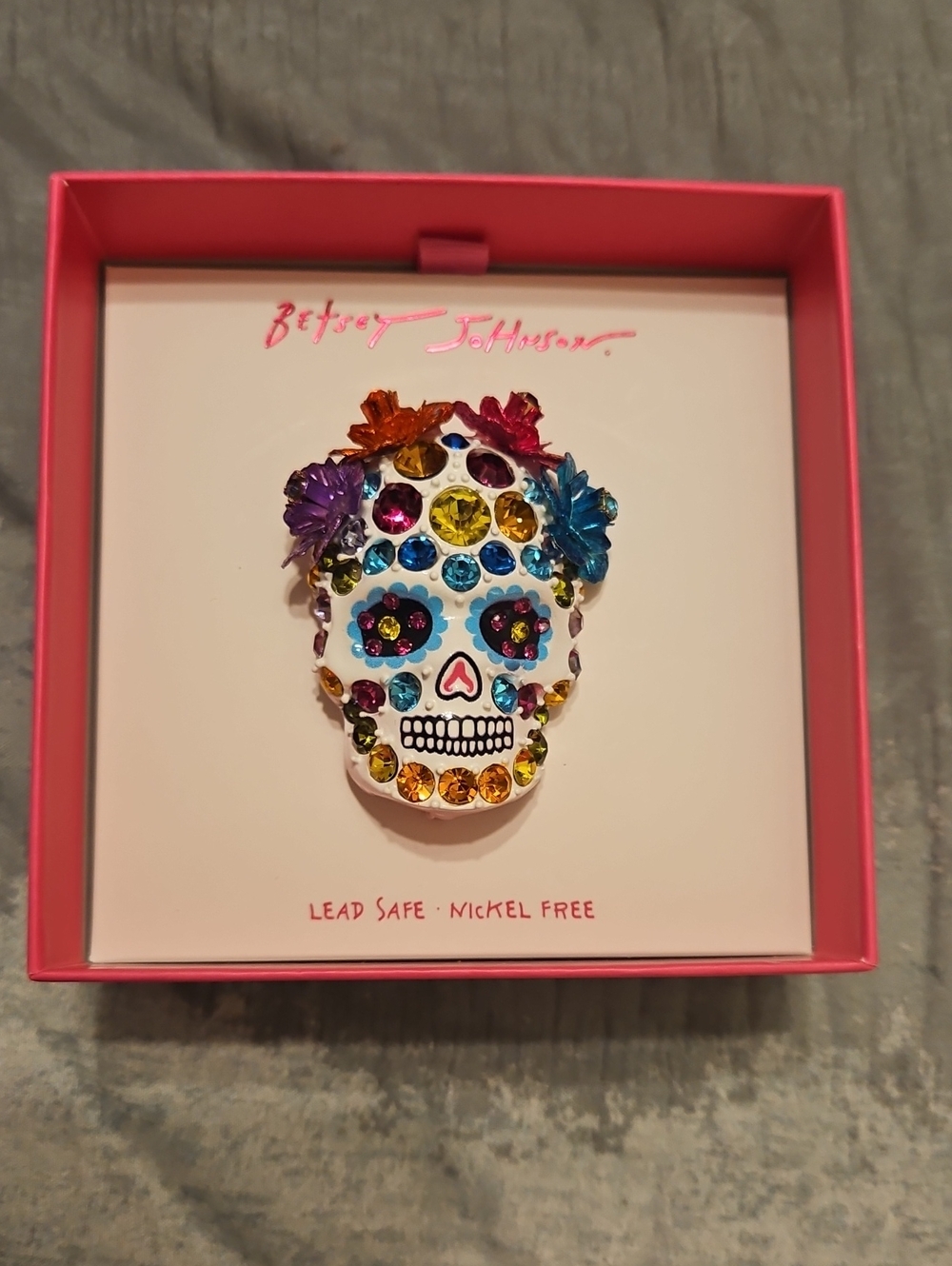 NWT Betsey Johnson Jeweled Sugar Skull Multicolor Rhinestone Statement Pin